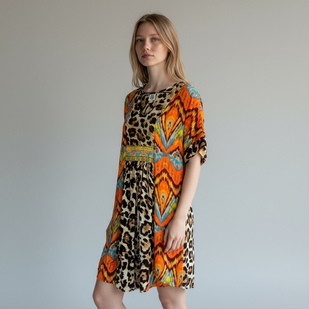 Ivy Jane Leopard Print Chiffon Dress Cover-up Sheer Bohemian Colorful Size Small - Picture 4 of 16